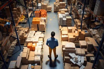 View from top of the warehouse, an employee worker in hard hat carries goods