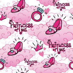 Wall Mural - Girls seamless pattern with high heel shoes on clouds, ring, text Princess time. Pink girlish ornament. Princess repeat print