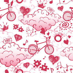 Wall Mural - Girls seamless pattern with bicycle, crown, clouds, puzzle, notes, diamonds, hearts. Pink girlish ornament.