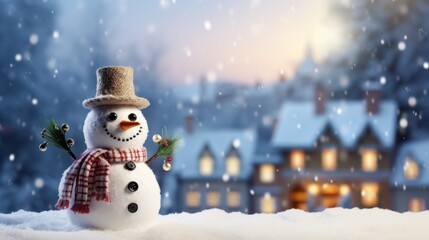 Сhristmas snowman in winter. Happy snowman standing in Сhristmas landscape.