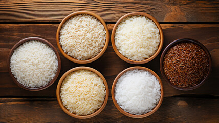 Wall Mural - rice with different types of rice on wooden background
