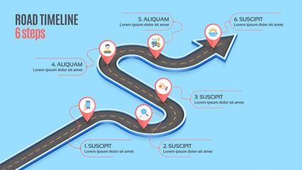 Isometric navigation map infographic 6 steps timeline concept.