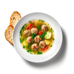 Wall Mural - Top view of soup with meatballs and potato served with slices of bread on white background.