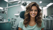 A smiling young woman in a dental chair. Examination by the dentist or cosmetic procedure (skin cleaning)