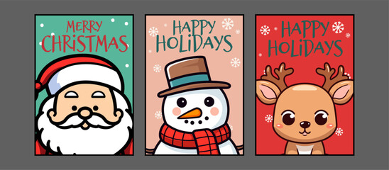 Wall Mural - Snowman, Santa Claus, and Reindeer: A Merry Christmas Vector Cartoon Character Set Collection for Greeting Cards