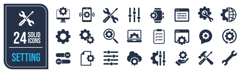 Setting solid icons collection. Containing setup, gear, tool, configuration icons. For website marketing design, logo, app, template, ui, etc. Vector illustration.