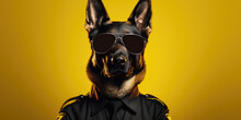 A German Shepherd, Dressed As A Security Officer, Stands Confidently With Sunglasses, Offering Wide Banner Space For Text.