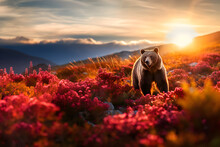 Brown Bear Walking In A Field Of Red And Purple Flowers In Taiga At Sunset. Picturesque Tundra Landscape With Field Of Crimson Flowers And Blue Mountains