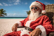An elderly man with a white beard in a Santa Claus costume sunbathes on a sandy tropical beach