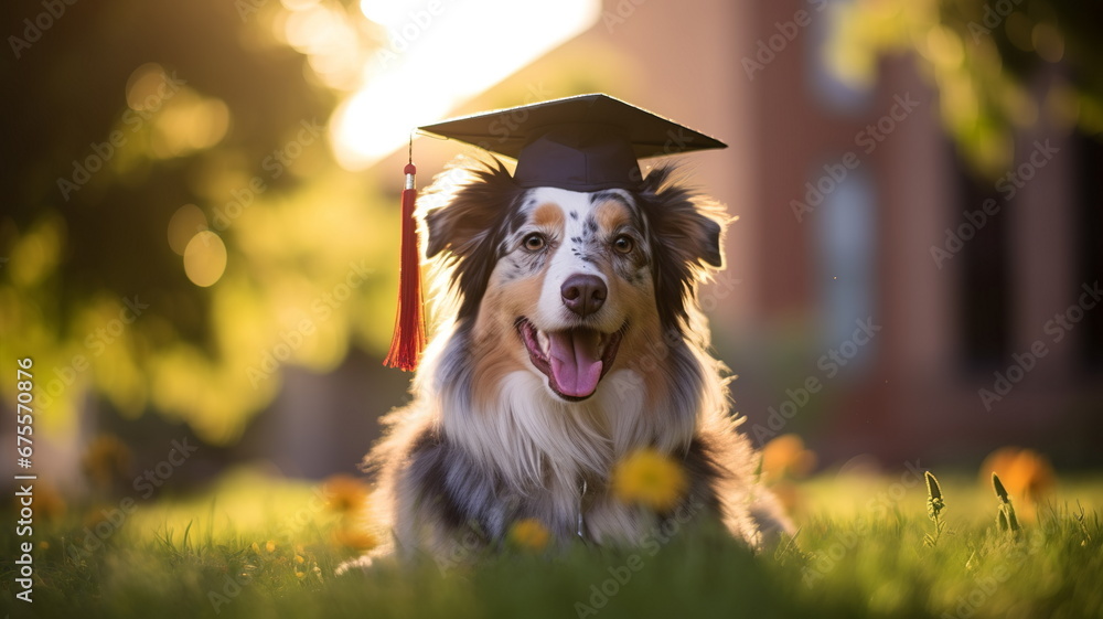 Smiling Aussie Stock-Foto „Happy smiling aussie dog wearing university graduation hat ...