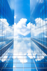 Wall Mural - Reflective skyscrapers, business office buildings. Low angle photography of glass curtain wall details of high-rise buildings.The window glass reflects the blue sky and white clouds. High quality