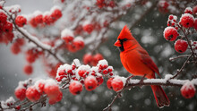 Red Cardinal Bird On A Frosty Tree Branch With Snow Red Berries In Winter