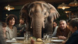 Group of Family and Friends At The Dinner Table Ignoring The Elephant in the Room. Generative AI.