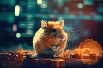 Cute hamster with bitcoin coins. Study the stock market. Beginner trader and cryptocurrency concept