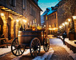 winter gastronomy on the streets of the medieval city center with a cart with barrels for wine and other drinks; festival concept, celebration, party, relaxation, and copy space