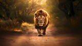 A big and beautiful wild lion walking towards the camera on a dusty jungle road. Blurred savanna trees and grass in the background