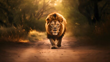 A Big And Beautiful Wild Lion Walking Towards The Camera On A Dusty Jungle Road. Blurred Savanna Trees And Grass In The Background