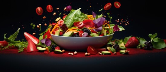 In the vibrant colors of summer I captured a stunning mockup of a delicious red vegetable salad showcasing its textured leaves and enticing freshness blending the best of nature s bounty wit