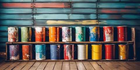 Wall Mural - Illustration of rows of paint containers on shelves. 