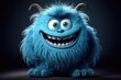 Funny, cute and furry blue monster. 3D cartoon character.