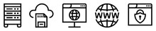 Conjunto De Iconos De Alojamiento Web. Registro De Datos, Almacenamiento Y Navegación. Servidor, Nube, Sitio Web, Dominio, Seguridad Digital. Ilustración Vectorial