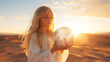 a little girl hold a realistic earth globe in the desert with sunset sky background, long shot view, low angle view, long blonde hair, white long dress, dreamy  light