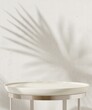 © Sue Tansirimas - White round glossy pedestal side table podium, steel leg in sunlight, palm leaf shadow on cement concrete wall. Luxury cosmetic, skincare, beauty, body care, fashion product display background 3D