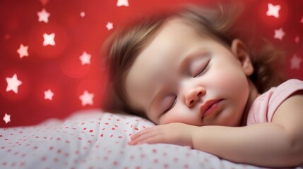 Wall Mural - Portrait of a baby girl sleeps tight against Valentine's Day feel background with space for text, AI generated, background image