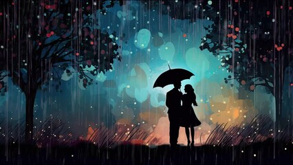 Wall Mural - Seamless loop animation. grunge silhouette, Umbrellas, Couple in Love. Form of rain drops in the night beautiful wallpaper illustration night. Created using Generative AI Technology