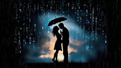 Sticker - Seamless loop animation. grunge silhouette, Clouds, Couple in Love. Form of rain drops in the night beautiful wallpaper illustration night. Created using Generative AI Technology