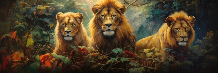 Wall Mural - illustration of a lot of lions, generative AI