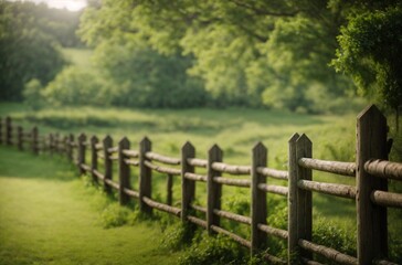 Wooden fence with blurred green nature landscape