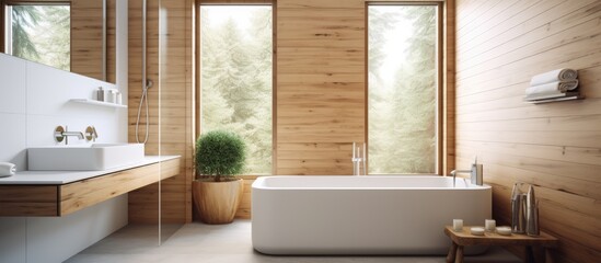 The beautiful design of the bathroom s interior combines wood and light creating a stunning space with a white tub shower and a room that truly enhances the overall architecture of the hous