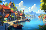 Fototapeta Natura - illustration of a view of a fantasy water village