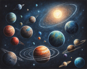  Planets with dark colors and surrounded by bright light and space filled with starlight. In colored pencil sketch