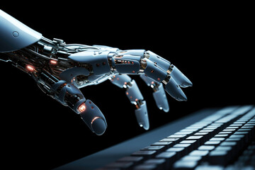 Wall Mural - robot ai hand using laptop, hacking system ai. generative ai