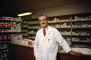 Wall Mural - Pharmacy, happy attendant posing looking at the camera