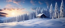 In Winter The Sky Is A Brilliant Blue As The Sun Gently Illuminates The Snow Covered Forest Casting A Warm Light Upon The Old Wooden House Nestled Among The Trees On The Border Of The Majes