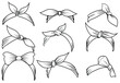 Set of bandana bow headband line art vector. Black and white bandana clipart