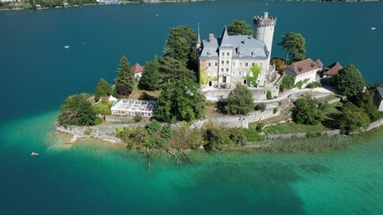 Canvas Print - Aerial view of Duingt castle or Chateau de Duingt in Annecy lake, Haute Savoie, France