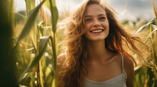 Beautiful Smiling Young Woman Model In The Middle Of A Cornfield With Dreamlike Golden Lighting And Sunlight Shining Through Her Long Hair Created With Generative AI Technology