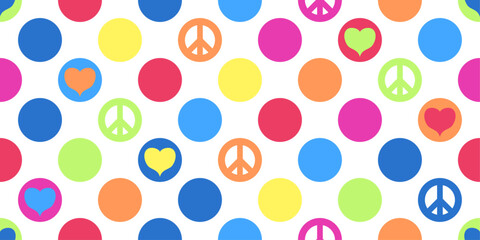 Poster - Colorful bright and stylish background made of hearts and a peace icon. Vector and seamless.