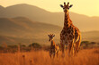 Giraf mom with baby wildlife animal in africa with savanna background
