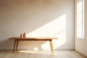 Wall Mural - Minimalistic modern wooden table in living room with nature light.