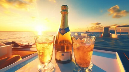 Champagne bottle in ice bucket with champagne glass on the tray for serving to passenger tourist on luxury catamaran boat yacht sailing in the ocean at sunset on summer holiday travel vacation trip.