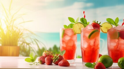 Wall Mural - Cold summer strawberry cocktail mojito, margarita, daiquiri. Two glasses with fresh strawberry soda drink, ice cubes, mint and bartender tools on light background. Iced strawberry lemonade, copy space