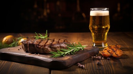 Wall Mural - Steak with herbs and beer on a wooden background