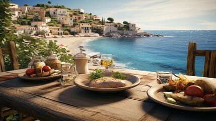 Wall Mural - Table in the restaurant with mediteranina food near the sea