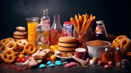 Wall Mural - Unhealthy products. food bad for figure, skin, heart and teeth. Assortment of fast carbohydrates food.