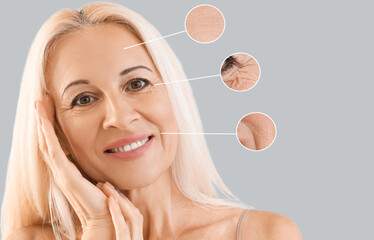 Wall Mural - Mature woman and macro view of her skin texture on grey background